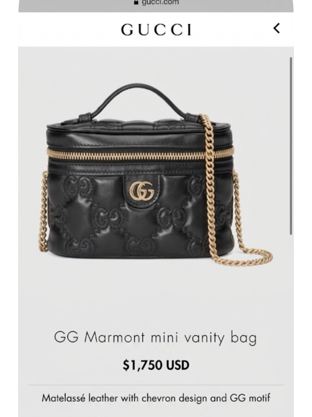 Gucci Black Marmont Quilted Mini Vanity Bag with Gold Hardware Matelasse Leather